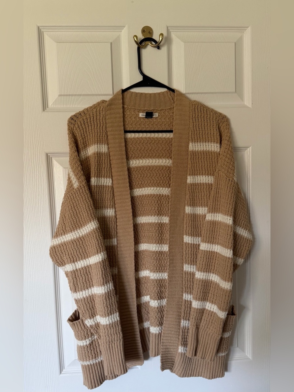 American Eagle Outfitters Tan and White Striped Open-Front Cardigan Sweater